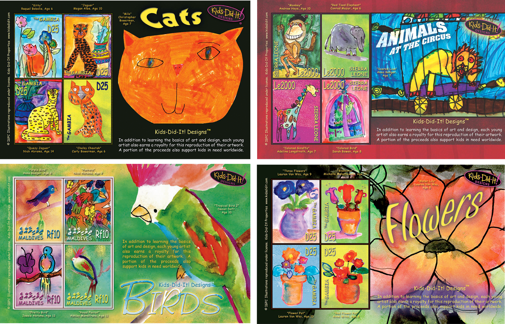Cats, Brids, Animals, Flowers postage stamps featuring original art created by chidren.